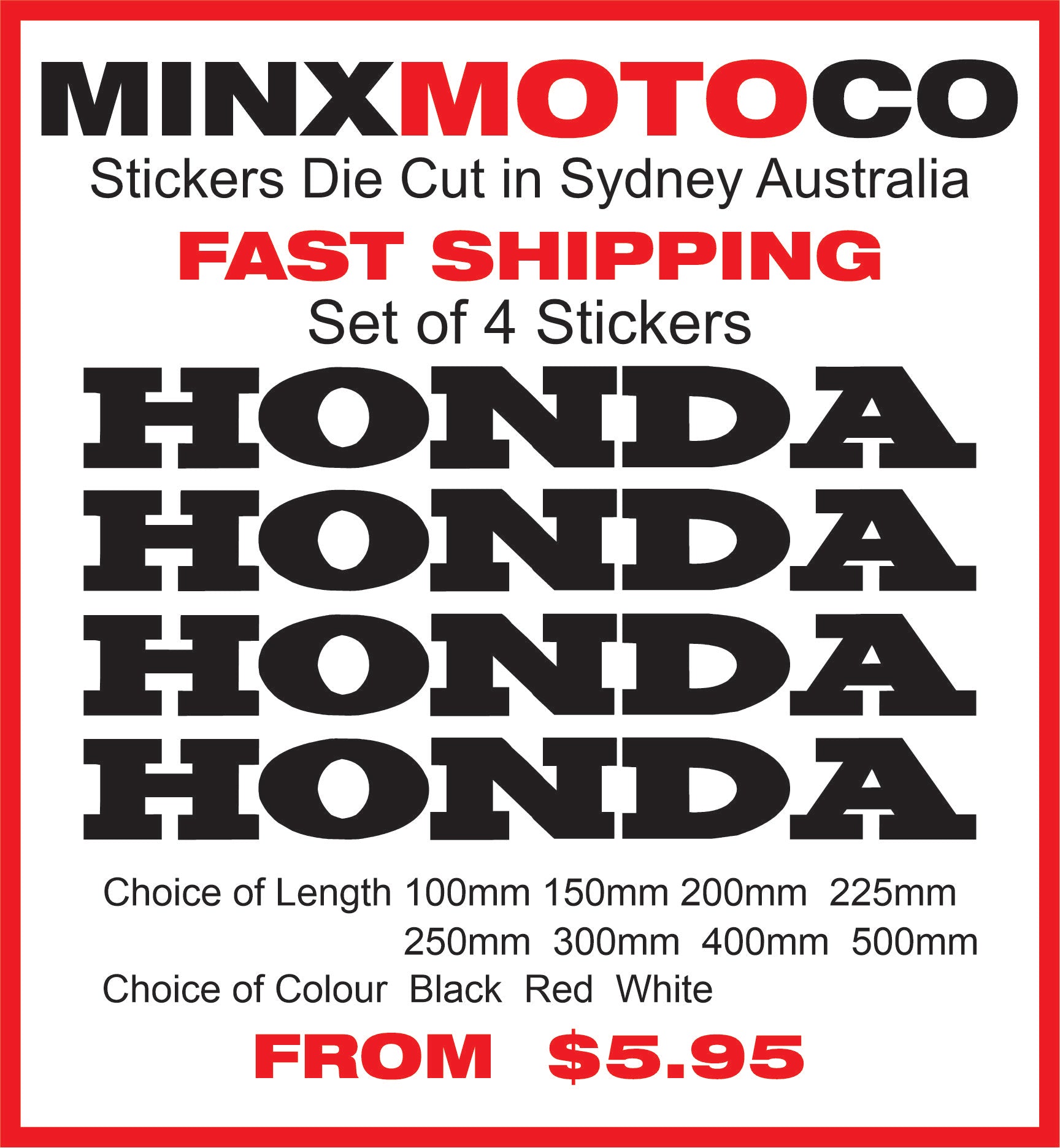 Honda Replica Name Vinyl Sticker Decal Sizes 100mm to 500mm Set of