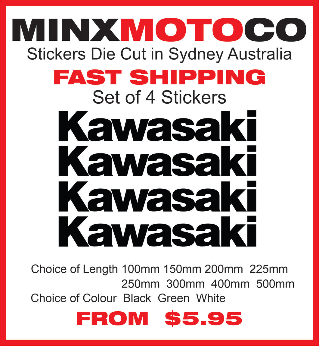 KAWASAKI Replica Name Vinyl Sticker Decal Sizes 100mm to 500mm Set of 4 Motocross Window Car Helmet