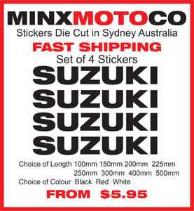 SUZUKI Replica Name Vinyl Sticker Decal Sizes 100mm to 500mm Set of 4 Motocross Window Car Helmet
